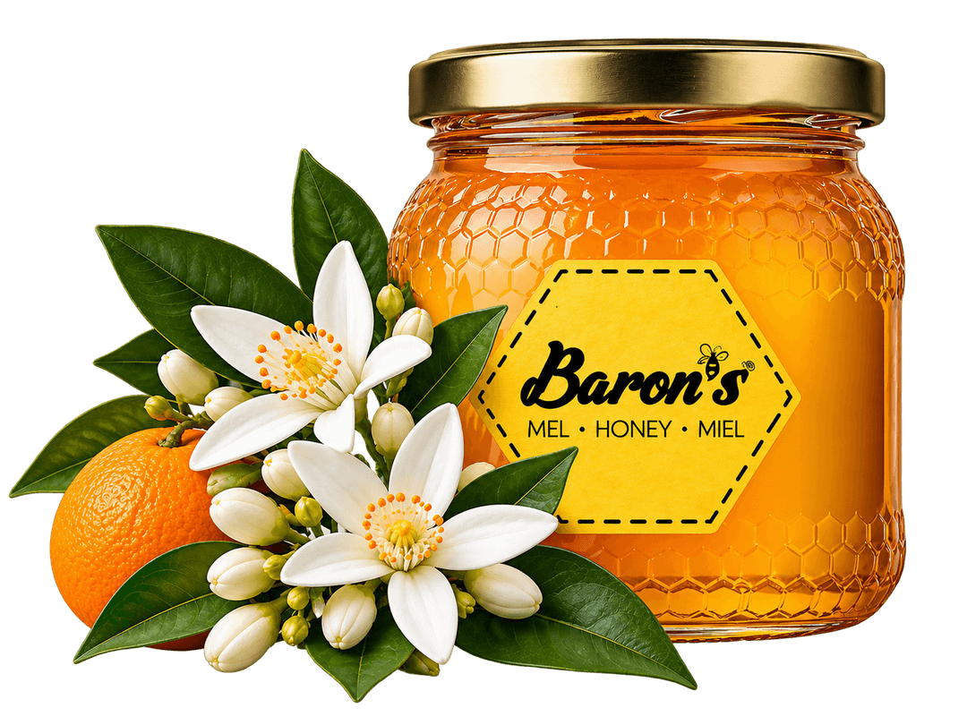 Frasco de mel de laranjeira com flores de laranjeira e uma laranja
